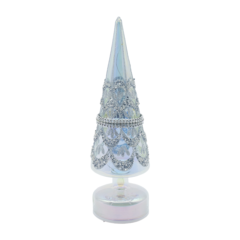 Obrotowa szklana choinka o wymiarach 10 × 30 cm z opalizującymi światłami LED i świątecznym wystrojem