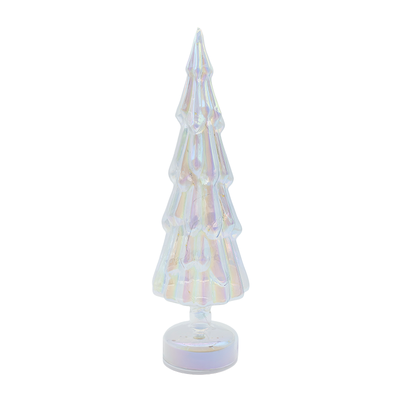 Obrotowa choinka z przezroczystego szkła o wymiarach 10 × 35 cm z ciepłym blaskiem LED